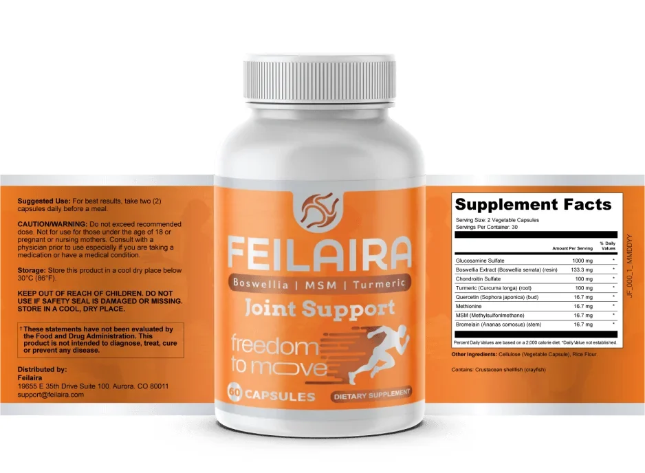 Feilaira ingredients — glucosamine, chondroitin, boswellia, turmeric, MSM and bromelain